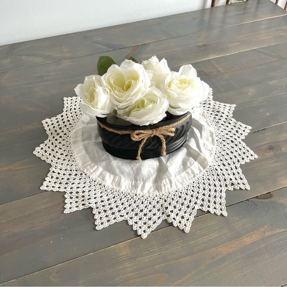 Vintage Snowflake Star Shaped Doily White Fabric and Lace